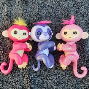 WowWee Fingerlings Pink Sparkle Monkey & Purple Sloth & Pink Monkey Working